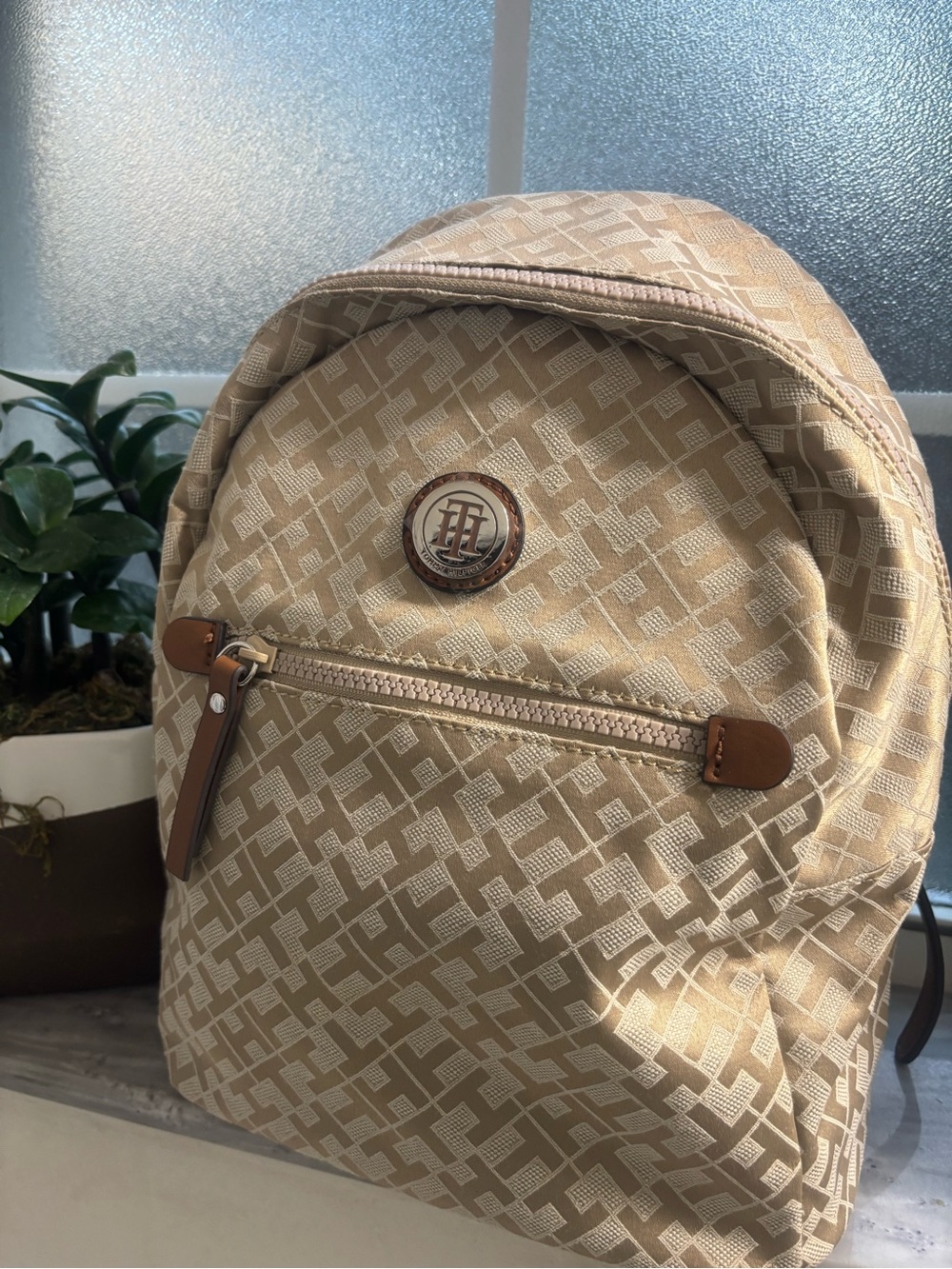 Tommy Hilfiger Beige Monogram Mini Backpack with Brown Accents